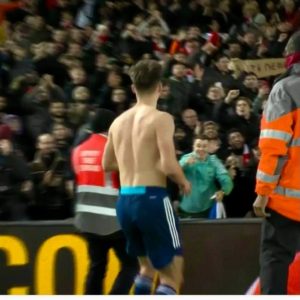 Kieran Tierney gives away shirt at Anfield to Connor Shepherd